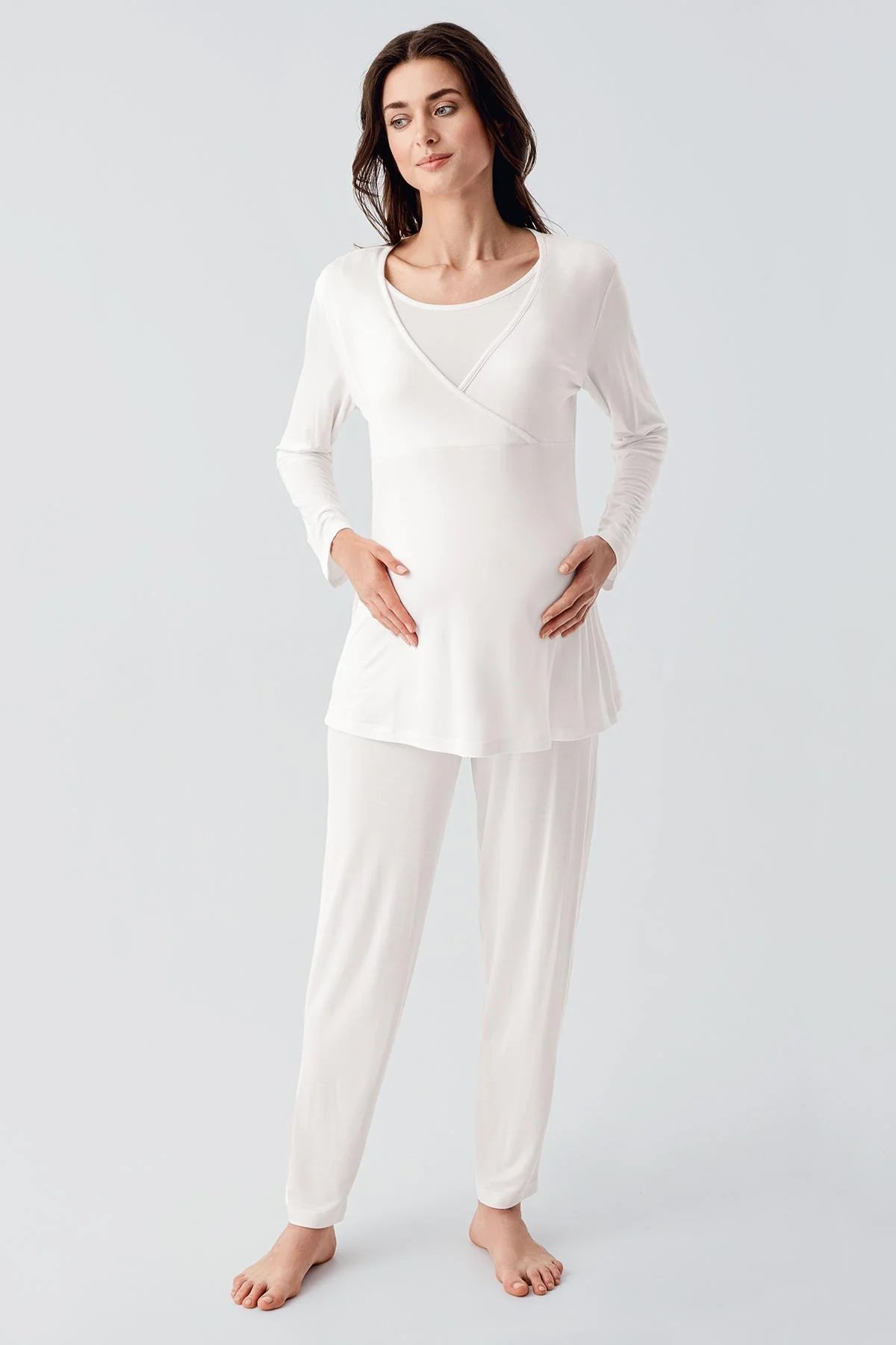 Melange Double Breasted 3-Pieces Maternity & Nursing Pajamas With Robe Ecru - 23105