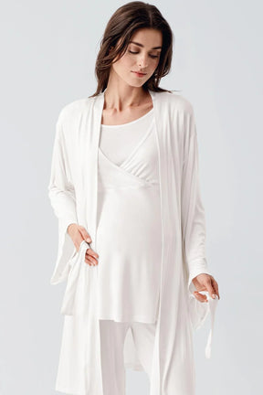 Melange Double Breasted 3-Pieces Maternity & Nursing Pajamas With Robe Ecru - 23105