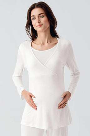 Melange Double Breasted 3-Pieces Maternity & Nursing Pajamas With Robe Ecru - 23105