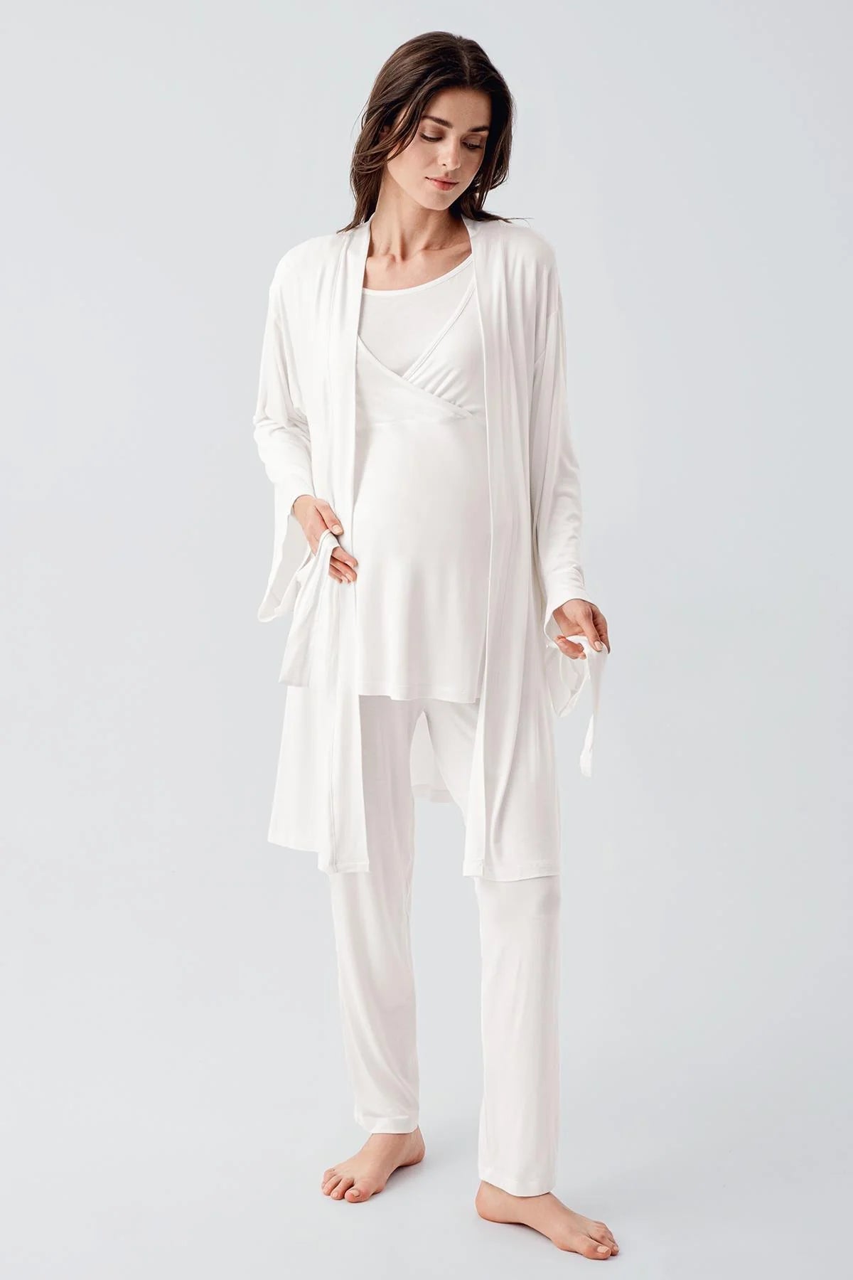 Melange Double Breasted 3-Pieces Maternity & Nursing Pajamas With Robe Ecru - 23105