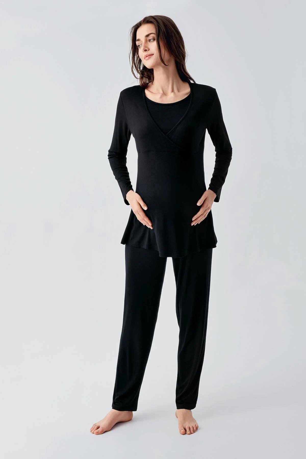 Melange Double Breasted 3-Pieces Maternity & Nursing Pajamas With Robe Black - 23105