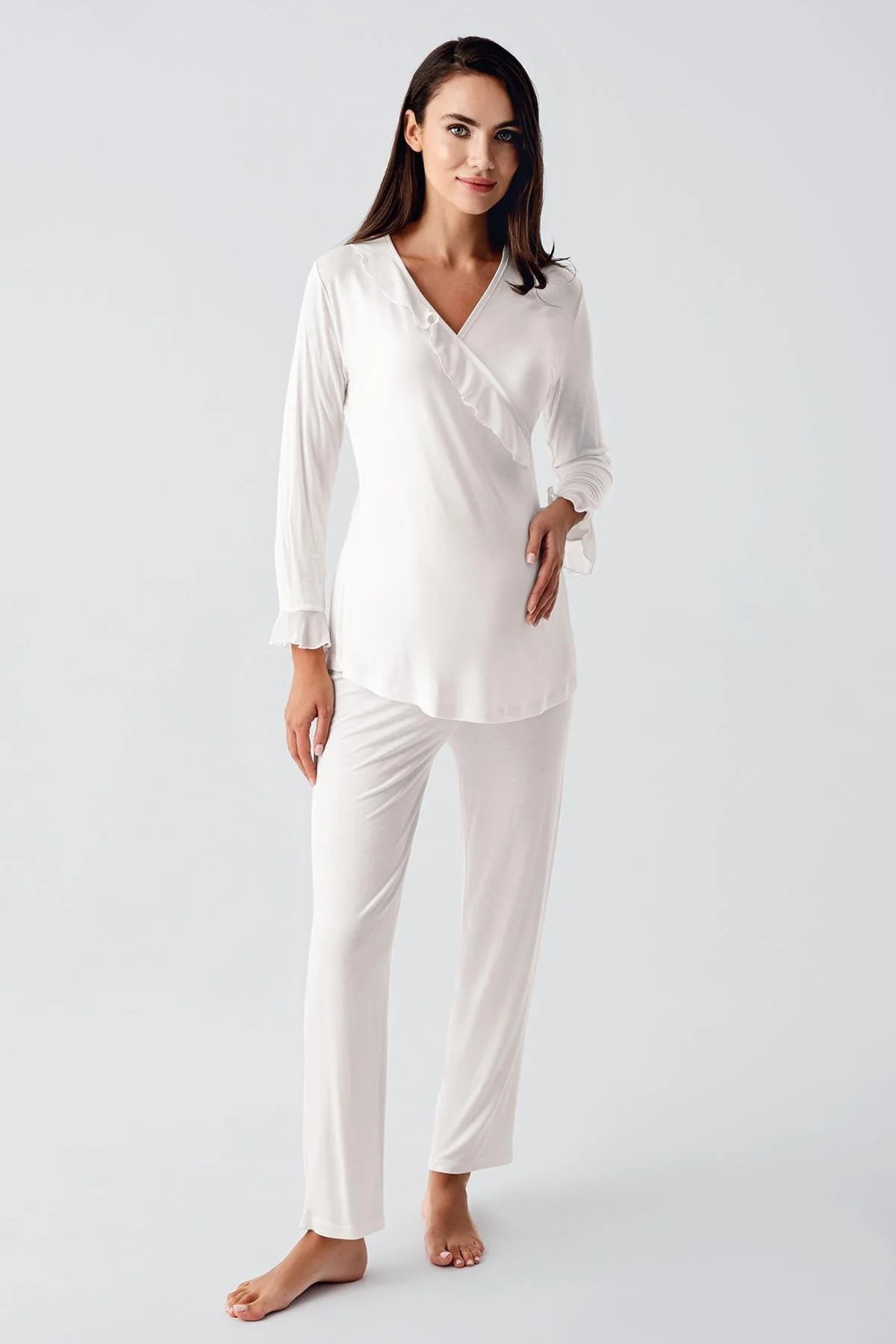 Chiffon Double Breasted 3-Pieces Maternity & Nursing Pajamas With Flywheel Arm Robe Ecru - 23106