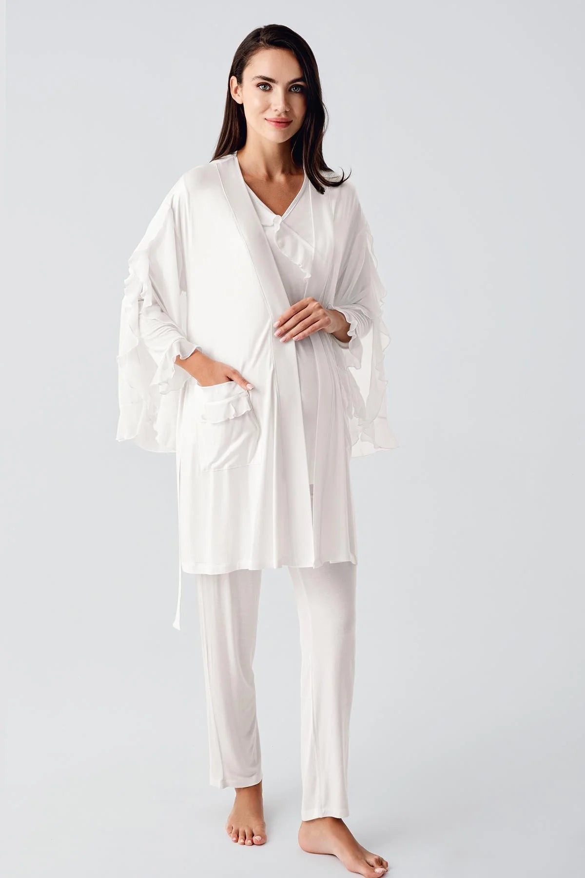 Chiffon Double Breasted 3-Pieces Maternity & Nursing Pajamas With Flywheel Arm Robe Ecru - 23106