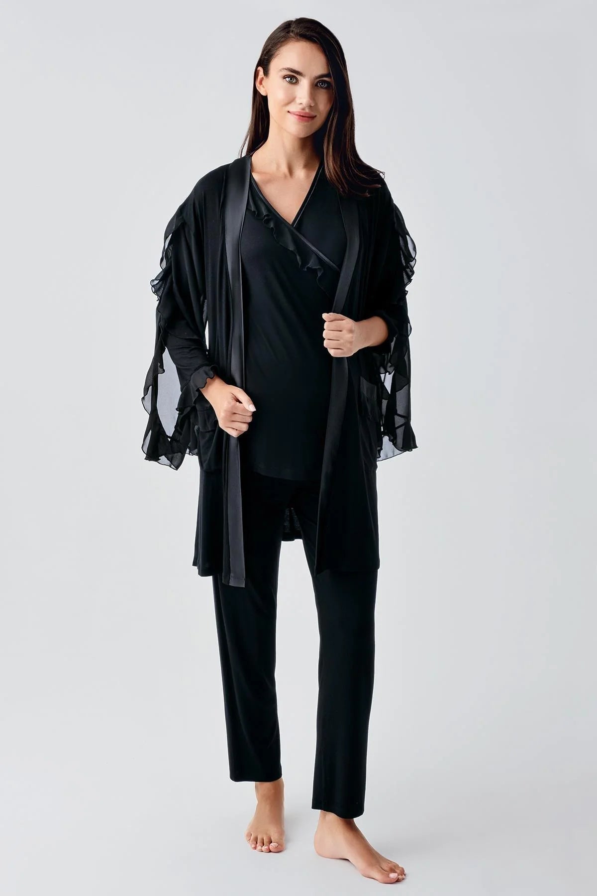 Chiffon Double Breasted 3-Pieces Maternity & Nursing Pajamas With Flywheel Arm Robe Black - 23106