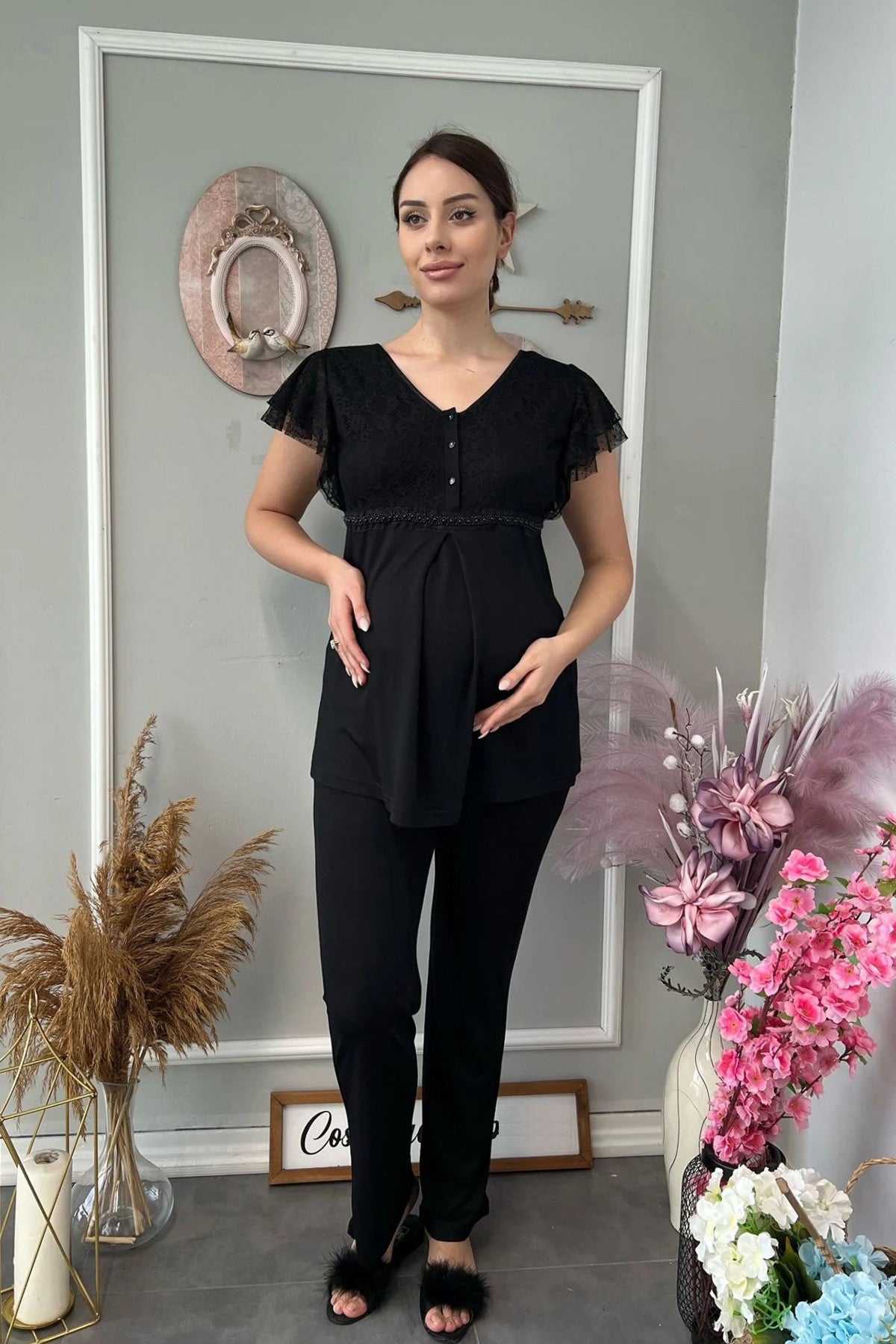 Pearly Brode Maternity & Nursing Pajamas Black - 23193