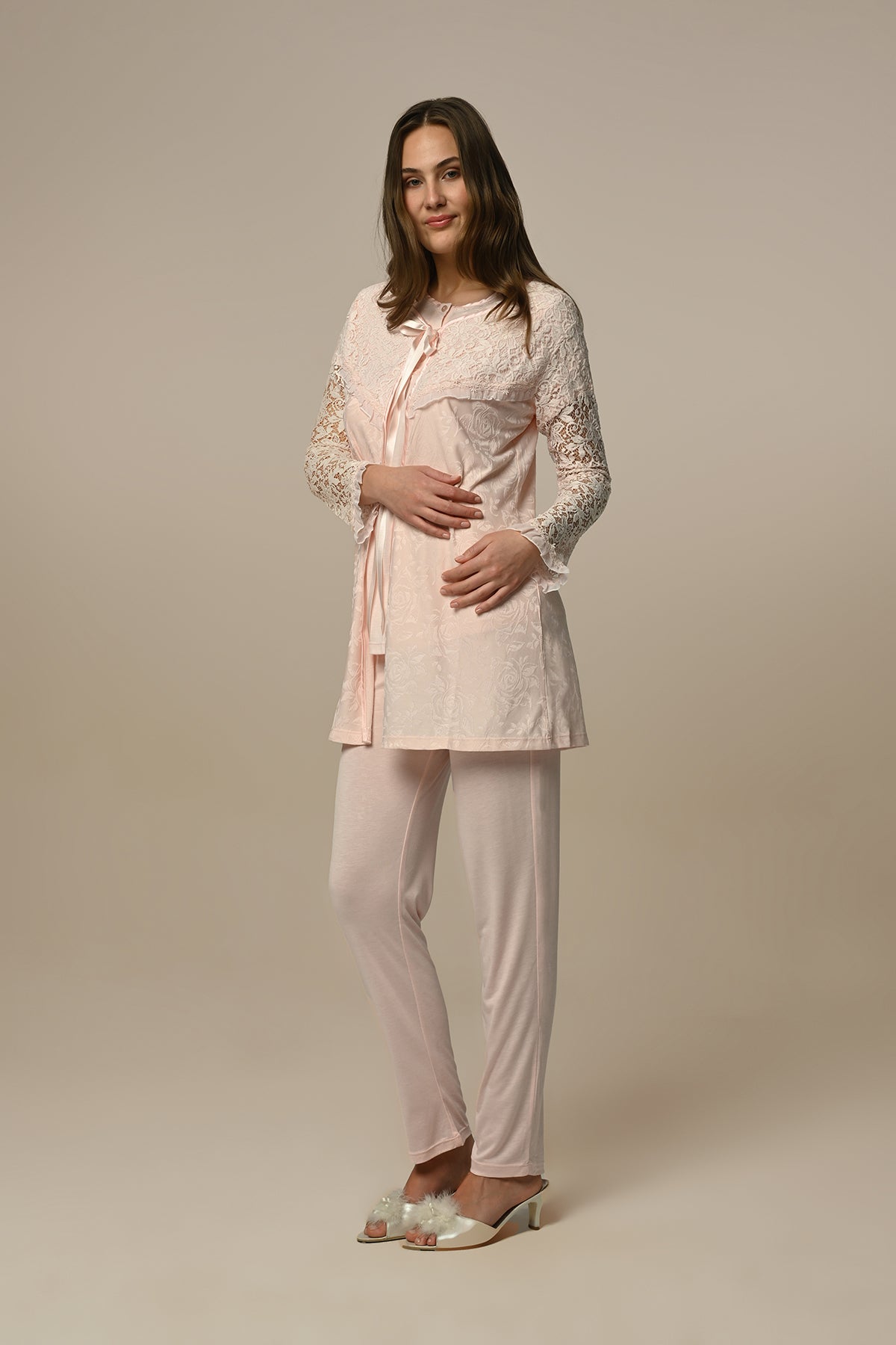 Flower Lace Detailed 3-Pieces Maternity & Nursing Pajamas With Robe Ecru - 23330