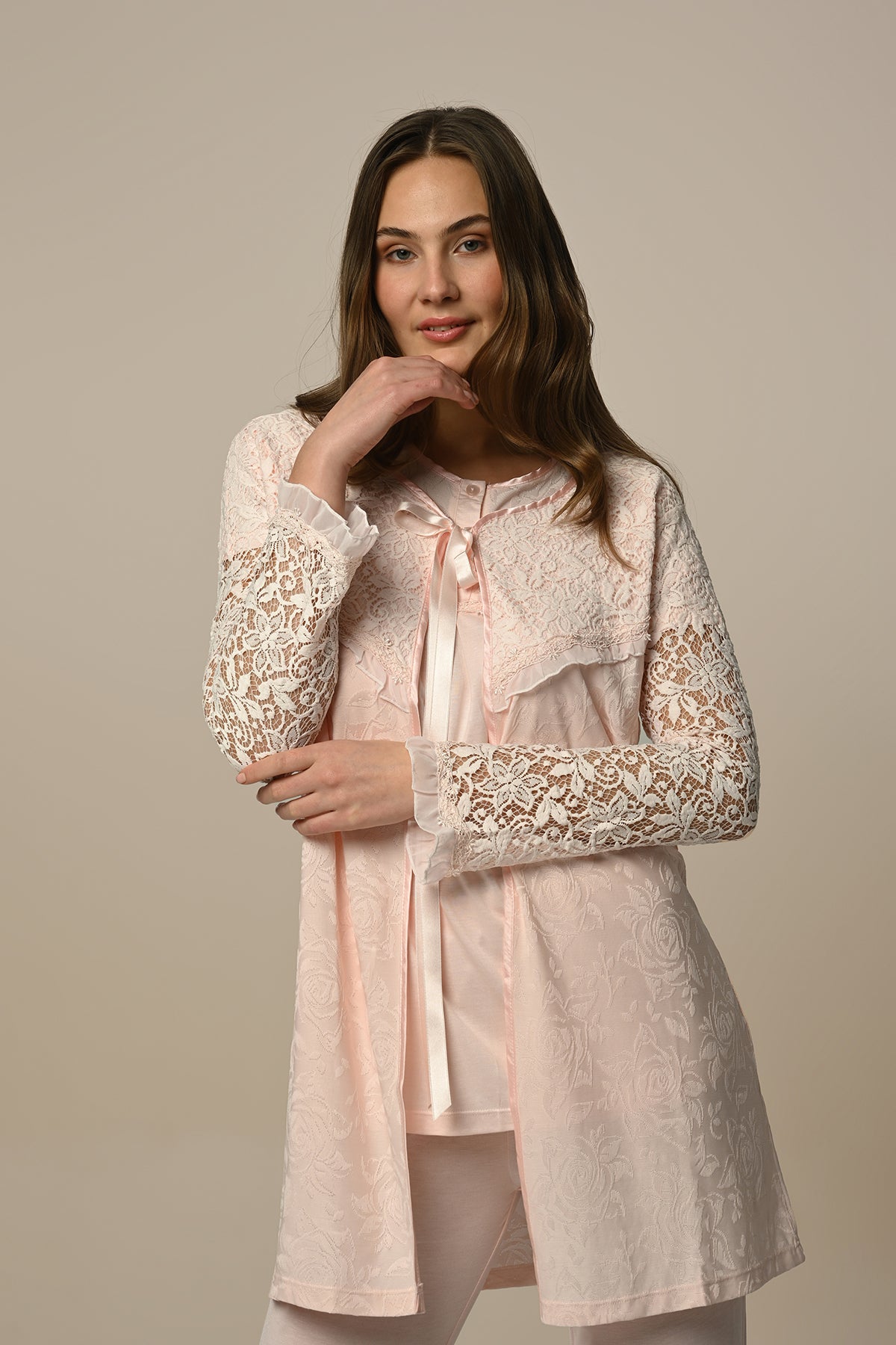 Flower Lace Detailed 3-Pieces Maternity & Nursing Pajamas With Robe Ecru - 23330