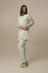 Leaf Lace 3-Pieces Maternity & Nursing Pajamas With Jacquard Robe Ecru - 23332