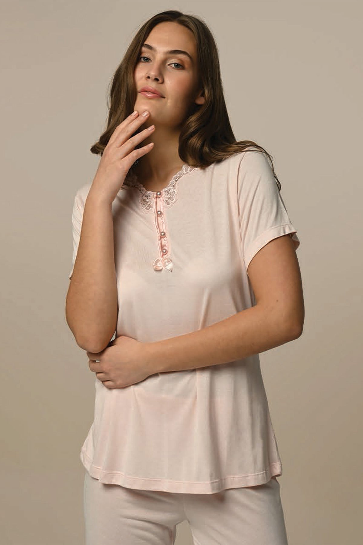Lace Sleeve 3-Pieces Maternity & Nursing Pajamas With Robe Powder - 23335