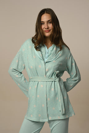 Guipure 3-Pieces Maternity & Nursing Pajamas With Melange Robe Green - 23336