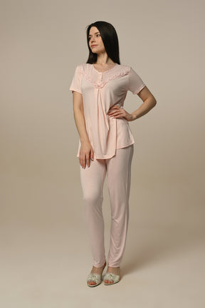 Flower Lace 3-Pieces Maternity & Nursing Pajamas With Tulle Robe Powder - 23337