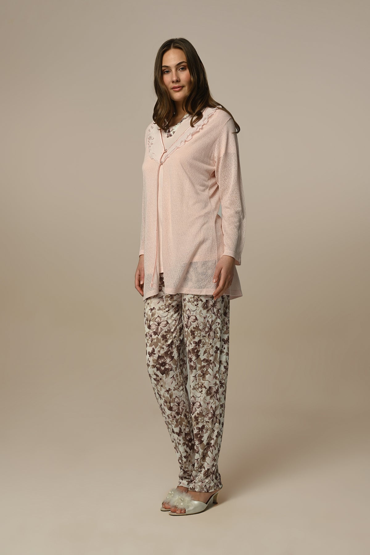 Patterned Women's Pajamas With Tulle Robe Powder - 23340