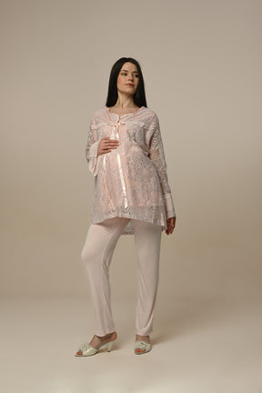 Tulle Sleeve 3-Pieces Maternity & Nursing Pajamas With Lace Robe Powder - 23341