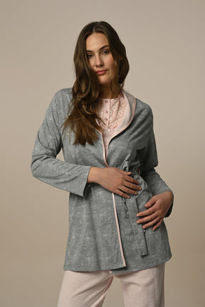 Guipure Collar 3-Pieces Maternity & Nursing Pajamas With Jacquard Robe Powder - 23343