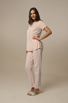 Guipure Collar 3-Pieces Maternity & Nursing Pajamas With Jacquard Robe Powder - 23343