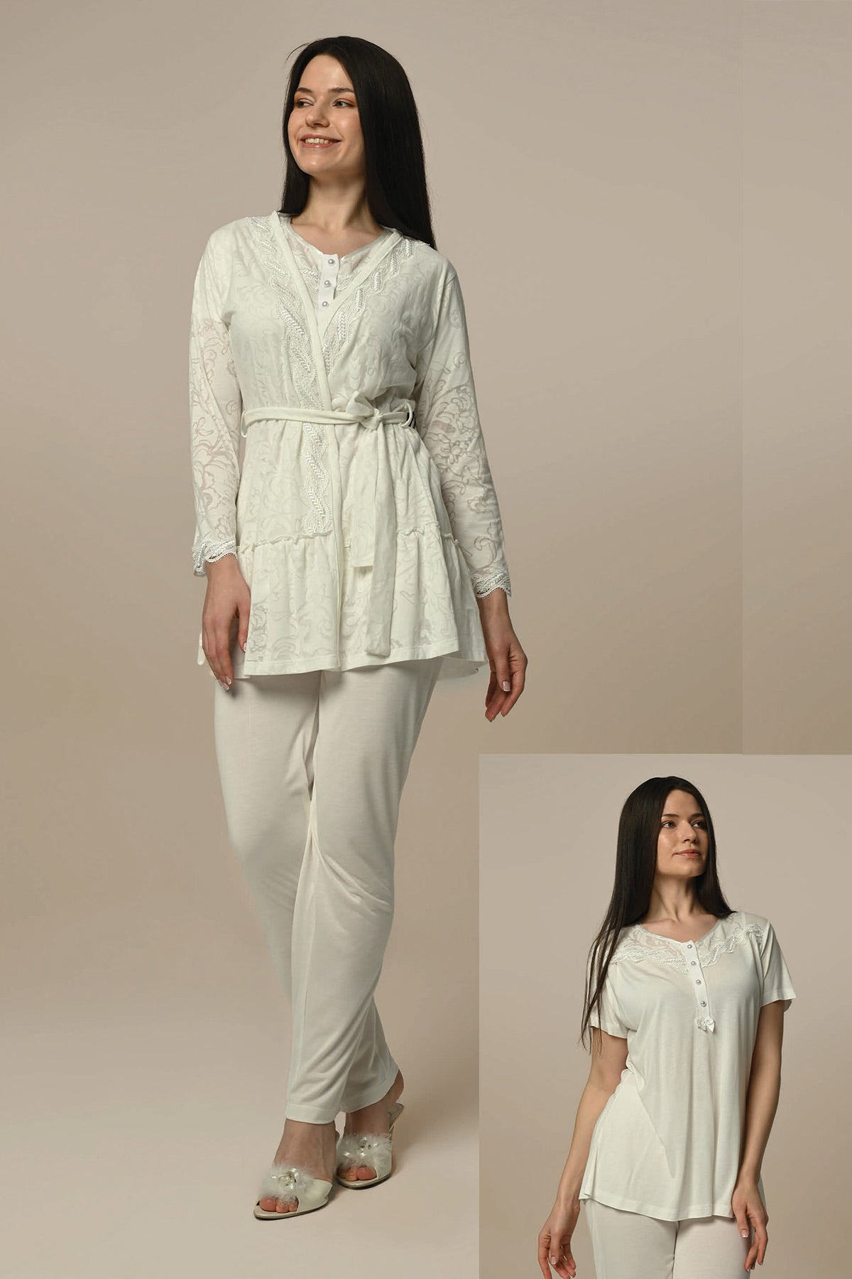 Lace Embroidered 3-Pieces Maternity & Nursing Pajamas With Robe Ecru - 23344