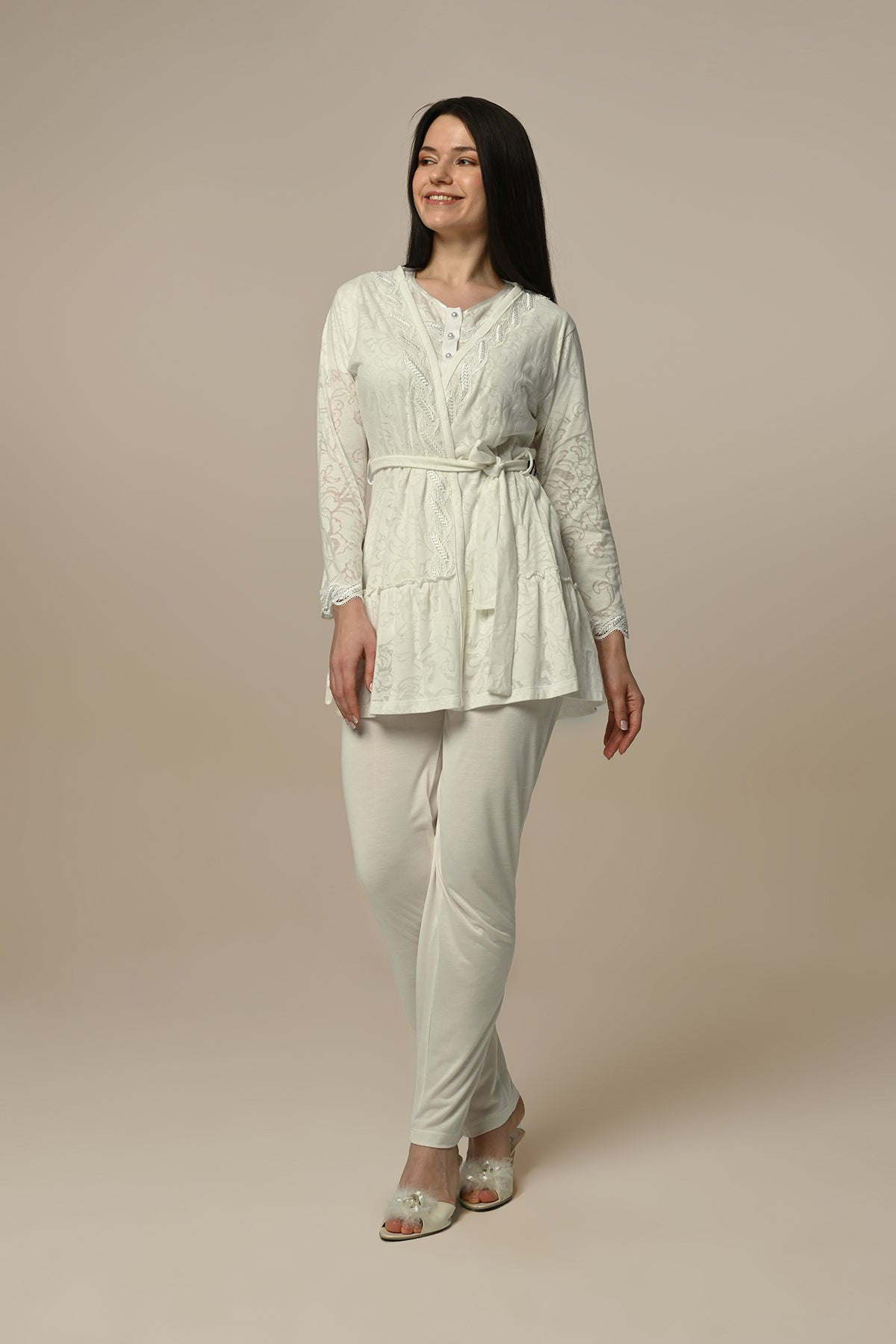 Lace Embroidered 3-Pieces Maternity & Nursing Pajamas With Robe Ecru - 23344