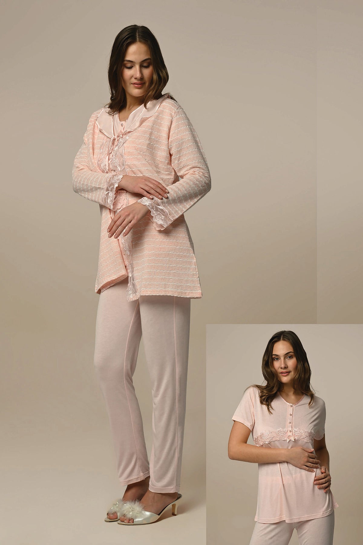 Lace Sleeve 3-Pieces Maternity & Nursing Pajamas With Flywheel Arm Robe Powder - 23345