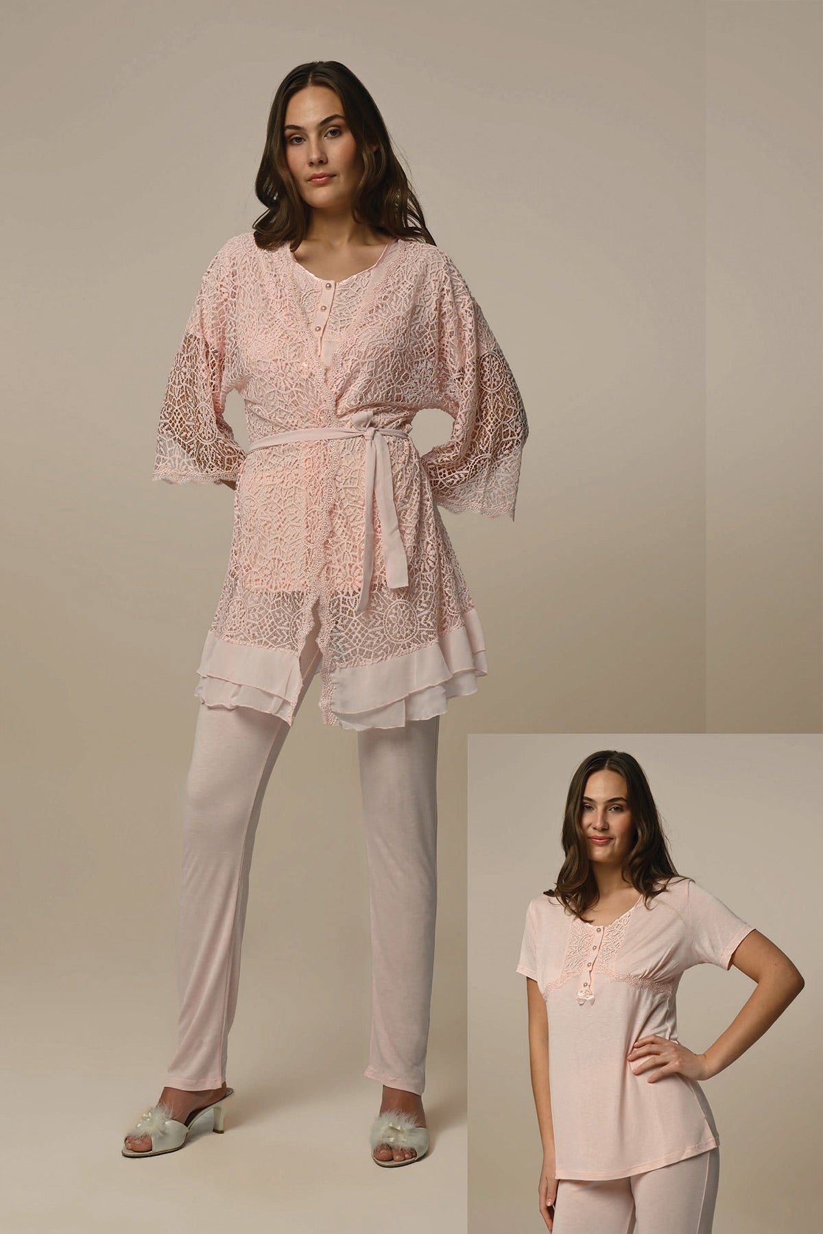 Wide Collar 3-Pieces Maternity & Nursing Pajamas With Lace Robe Powder - 23346