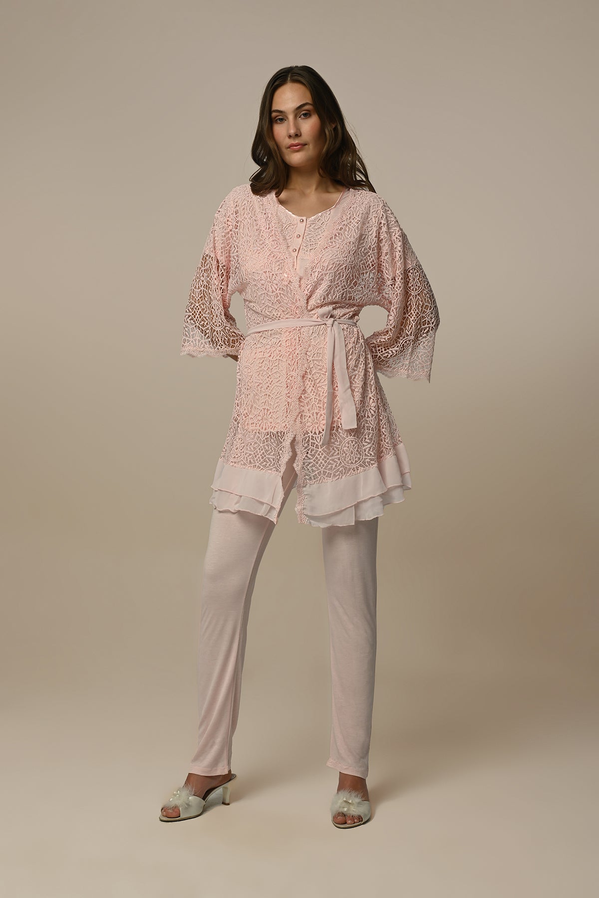 Wide Collar 3-Pieces Maternity & Nursing Pajamas With Lace Robe Powder - 23346