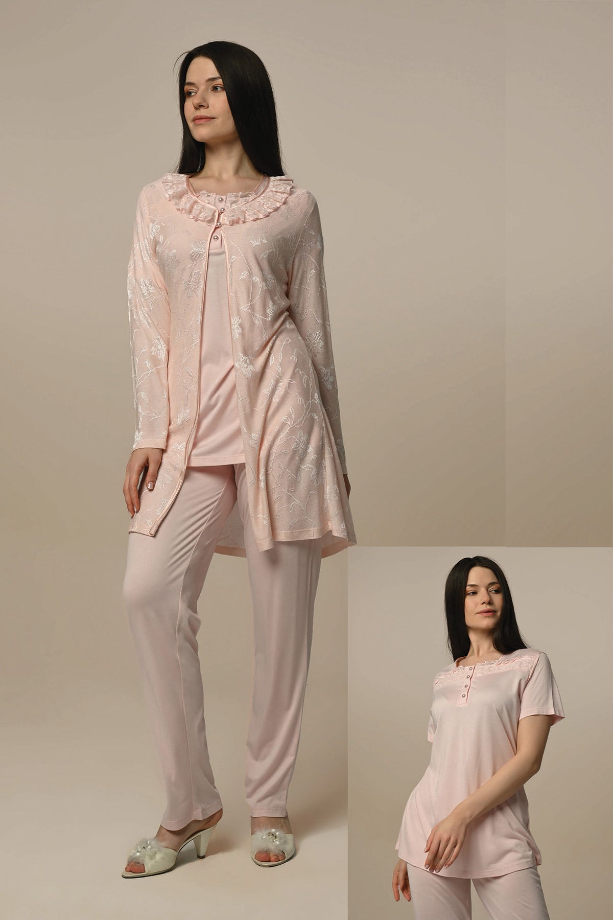 Lace 3-Pieces Maternity & Nursing Pajamas With Jacquard Robe Powder - 23351