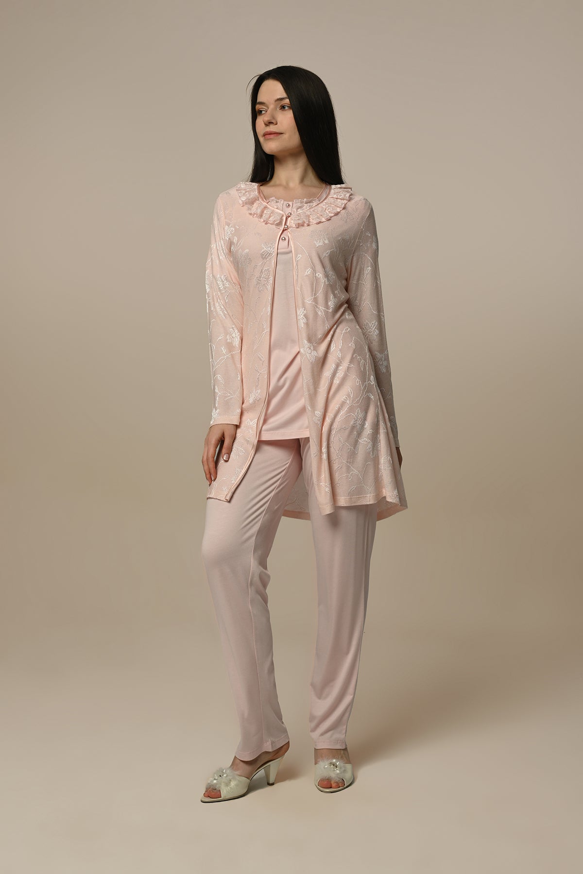 Lace 3-Pieces Maternity & Nursing Pajamas With Jacquard Robe Powder - 23351