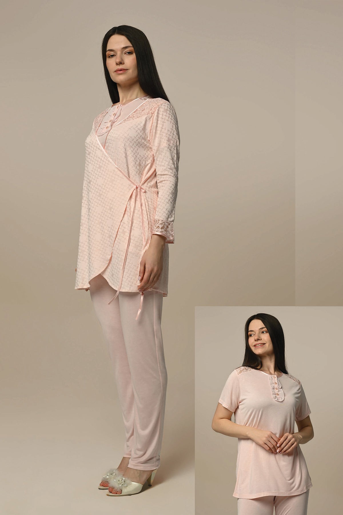 Lace Shoulder 3-Pieces Maternity & Nursing Pajamas With Robe Powder - 23354
