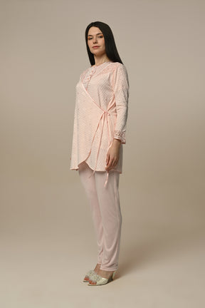 Lace Shoulder 3-Pieces Maternity & Nursing Pajamas With Robe Powder - 23354