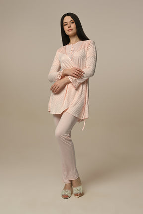 Lace Shoulder 3-Pieces Maternity & Nursing Pajamas With Robe Powder - 23354