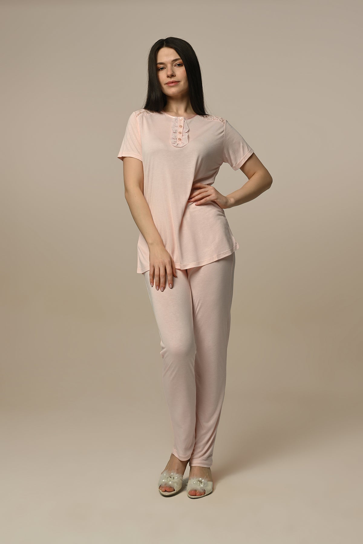 Lace Shoulder 3-Pieces Maternity & Nursing Pajamas With Robe Powder - 23354