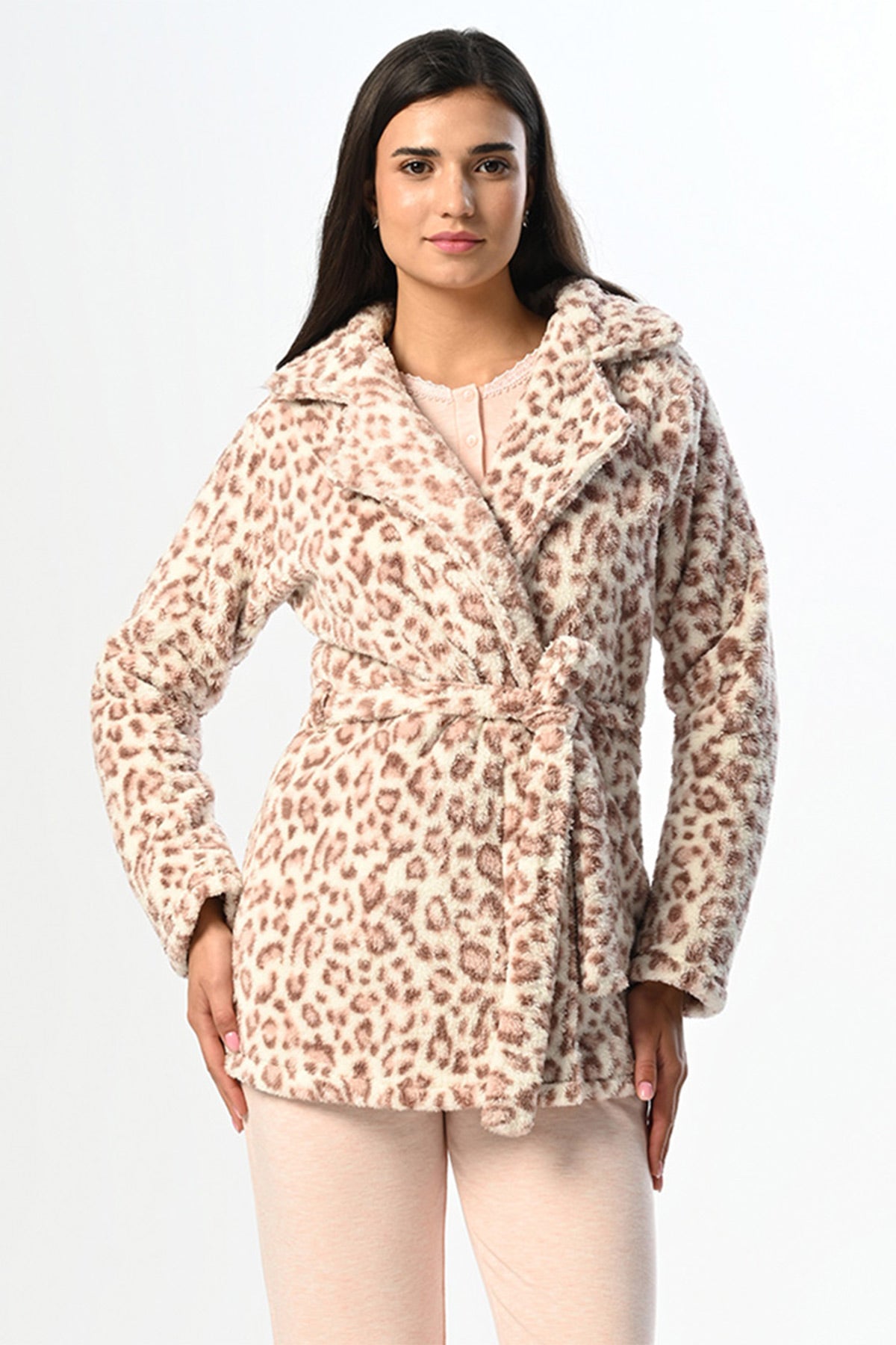 Leopard 3-Pieces Maternity & Nursing Pajamas With Welsoft Robe Powder - 23360