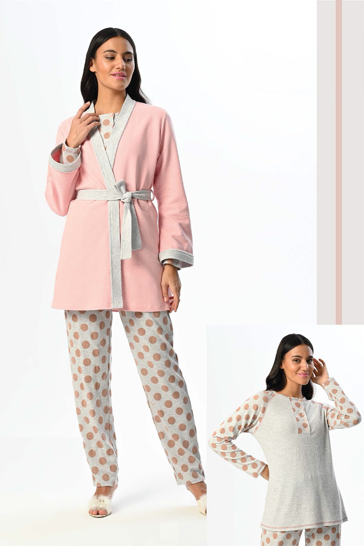 Polka Dot 3-Pieces Maternity & Nursing Pajamas With Robe Pink - 23380