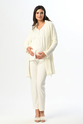 Guipure Collar 3-Pieces Maternity & Nursing Pajamas With Knitwear Robe Ecru - 23387