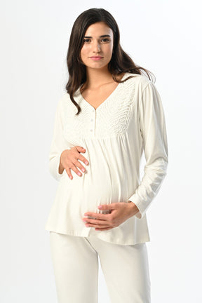 Guipure Collar 3-Pieces Maternity & Nursing Pajamas With Knitwear Robe Ecru - 23387