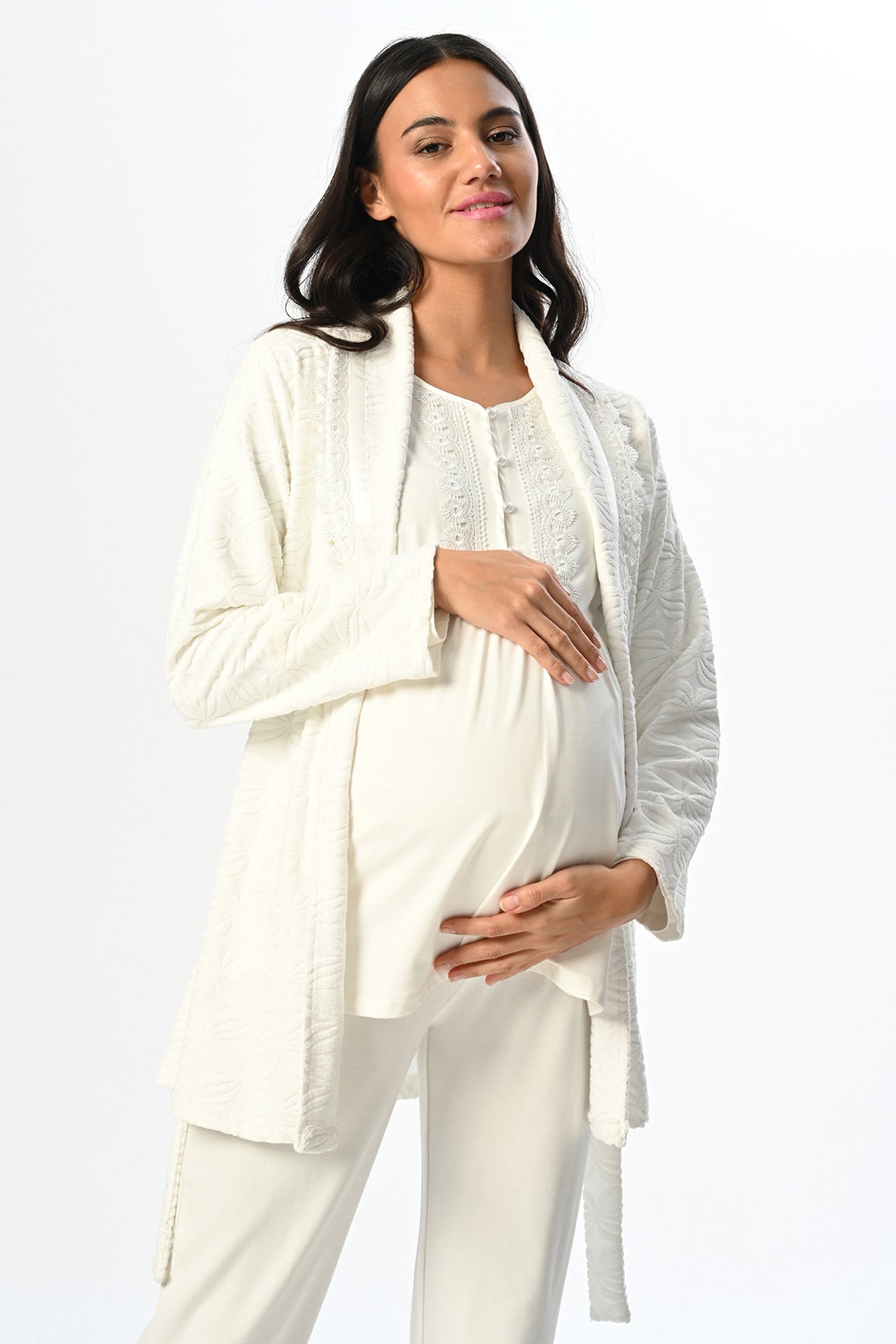 Guipure Collar 3-Pieces Maternity & Nursing Pajamas With Jacquard Robe Ecru - 23388