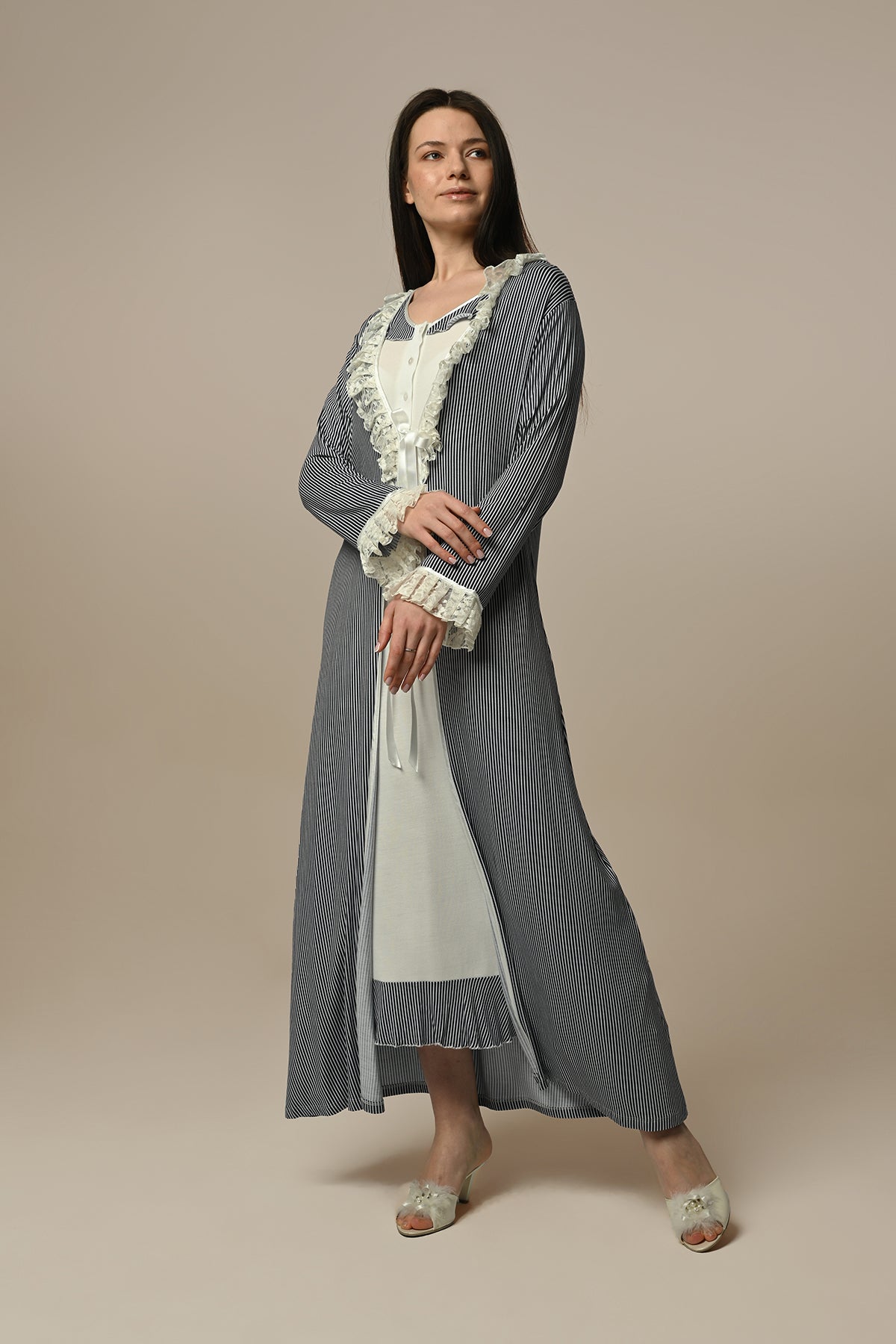 Ruffle Lace Edge Maternity & Nursing Nightgown With Robe Ecru - 23504