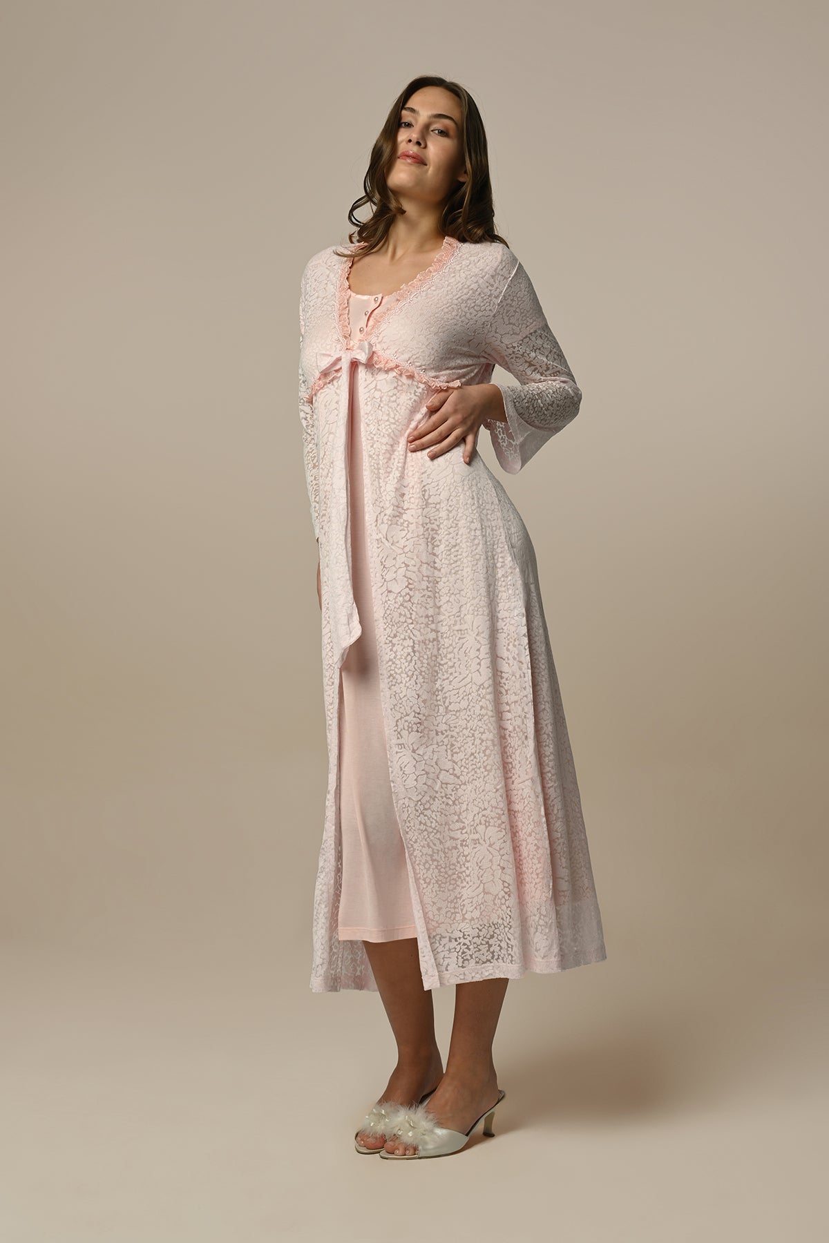 Tulle Lace Maternity & Nursing Nightgown With Robe Powder - 23506