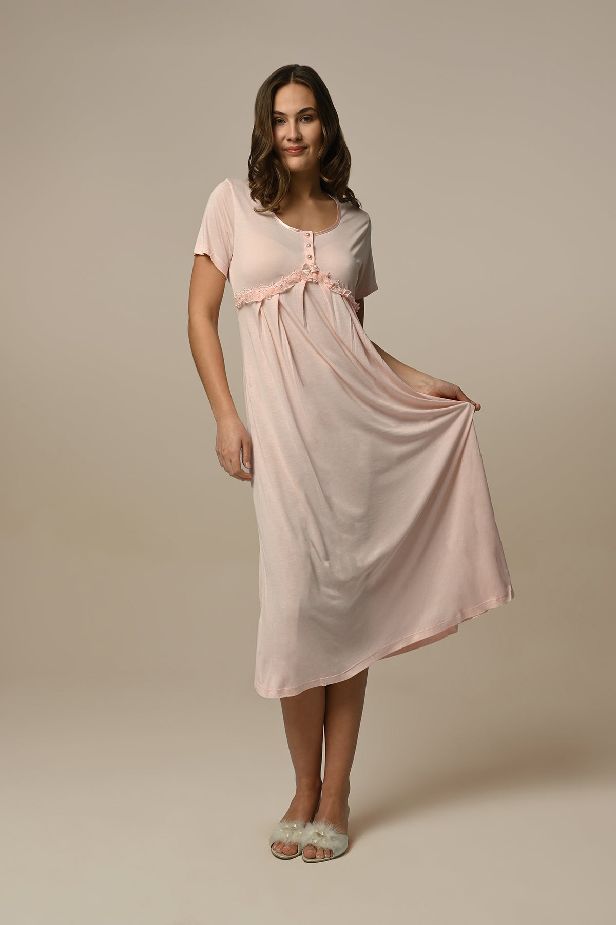 Tulle Lace Maternity & Nursing Nightgown With Robe Powder - 23506