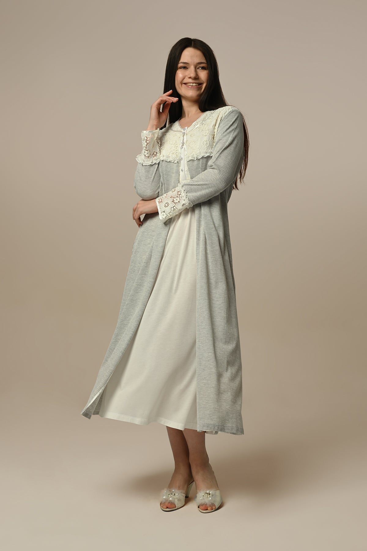 Lace Collar Maternity & Nursing Nightgown With Laced Ribbed Robe Ecru - 23509