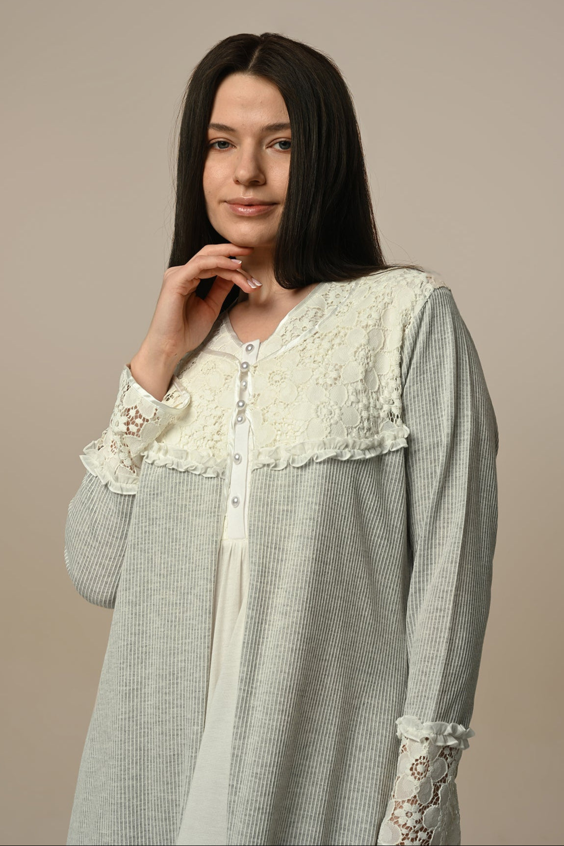 Lace Collar Maternity-Nursing Nightgown & Laced Ribbed Robe Set Ecru - 23509