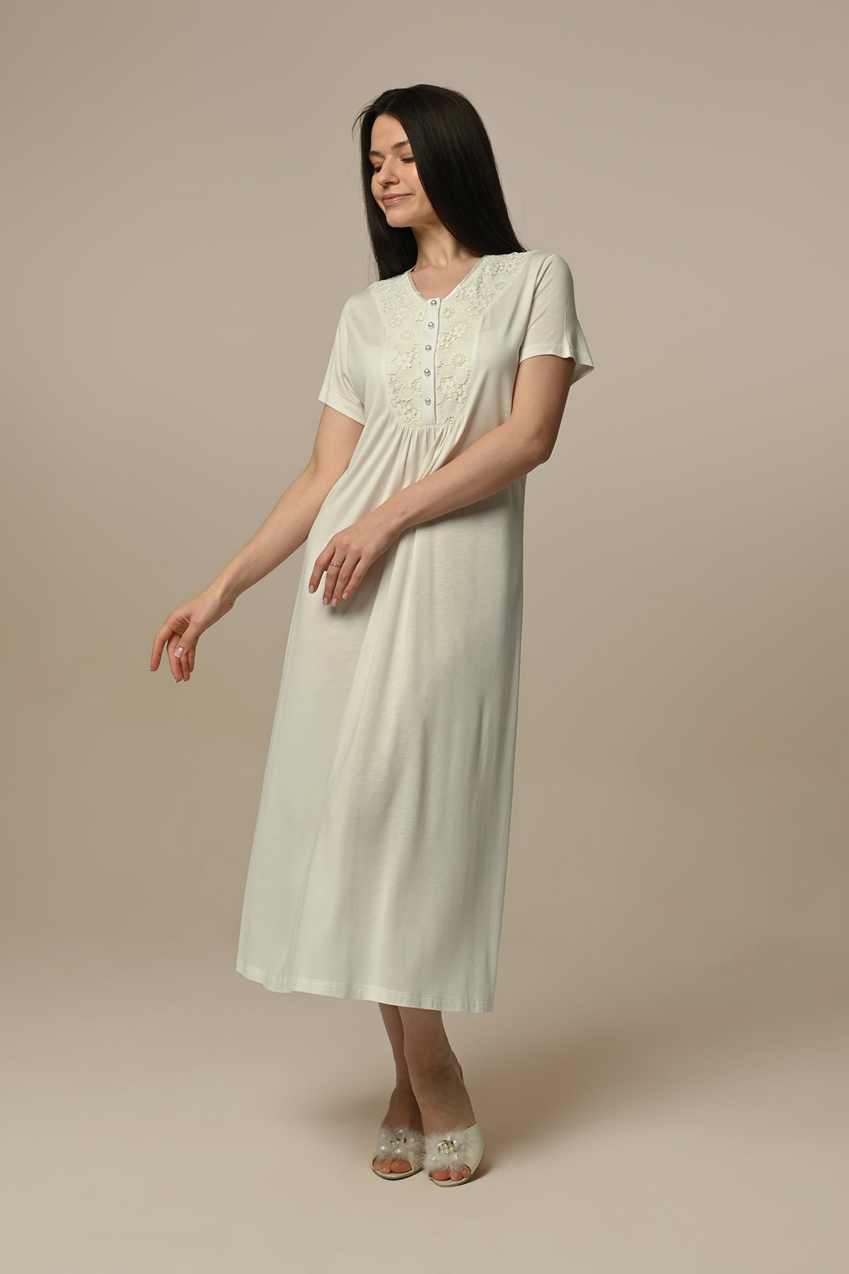 Lace Collar Maternity & Nursing Nightgown With Laced Ribbed Robe Ecru - 23509