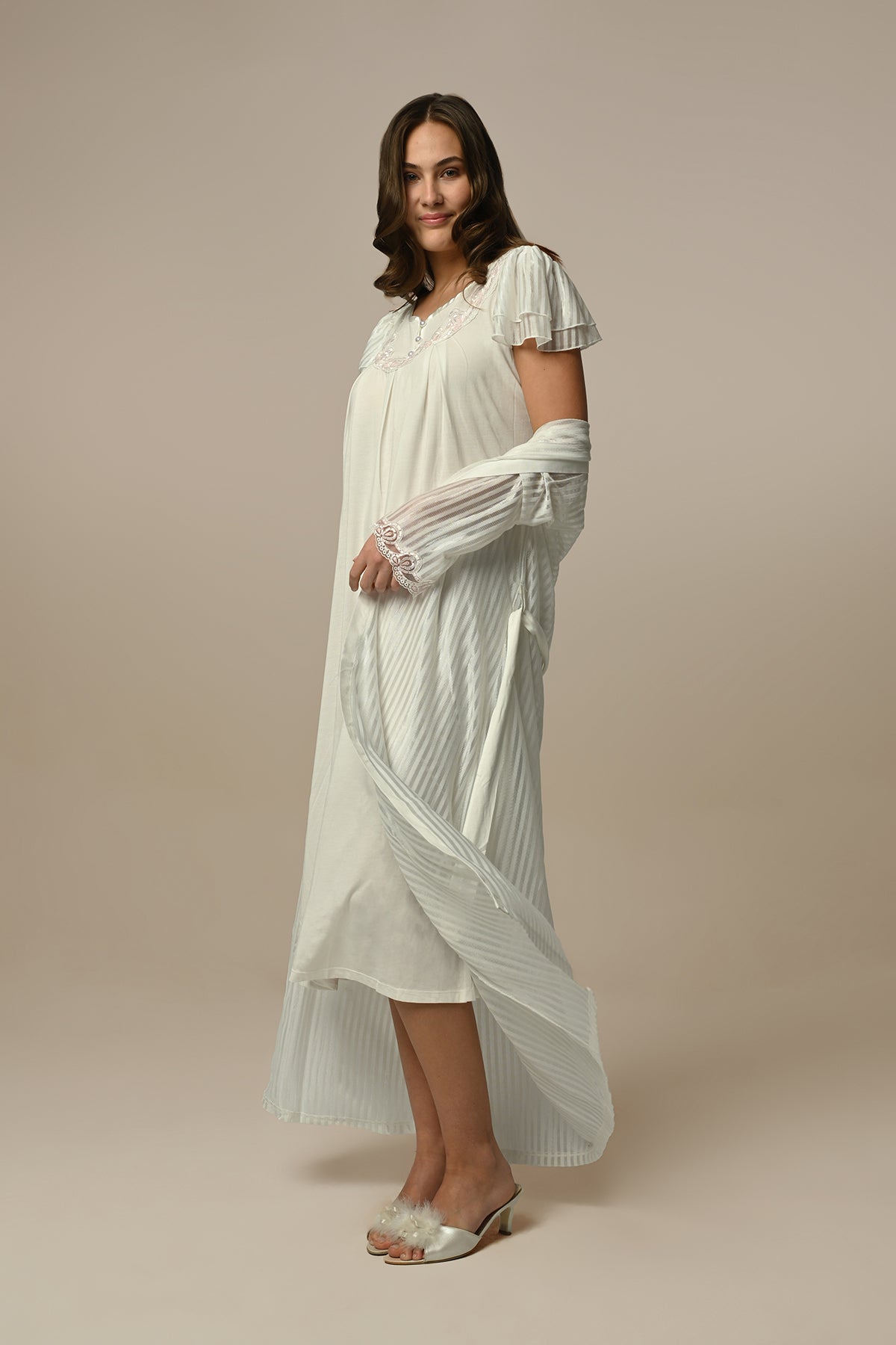 Lace Sleeve Women's Nightgown With Robe Ecru - 23510