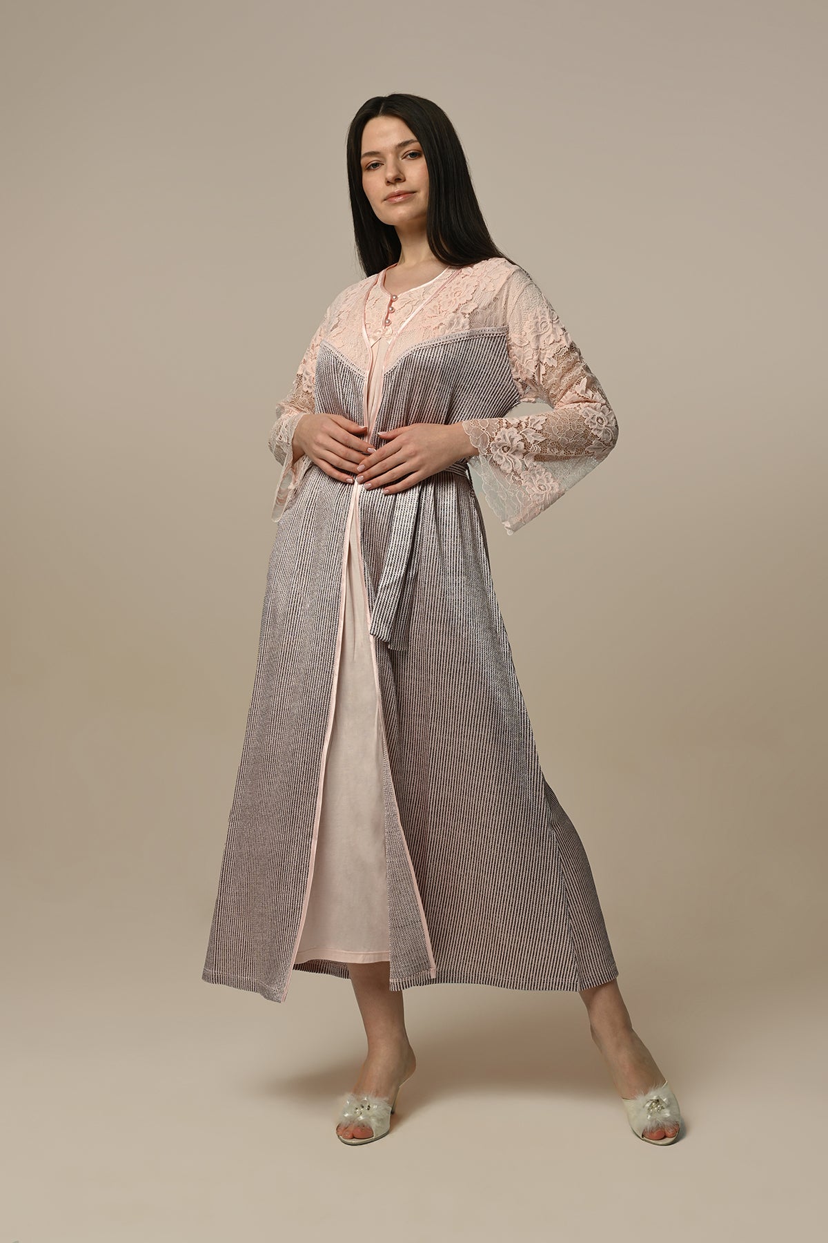 Tulle Lace Sleeve Maternity & Nursing Nightgown With Robe Powder - 23512