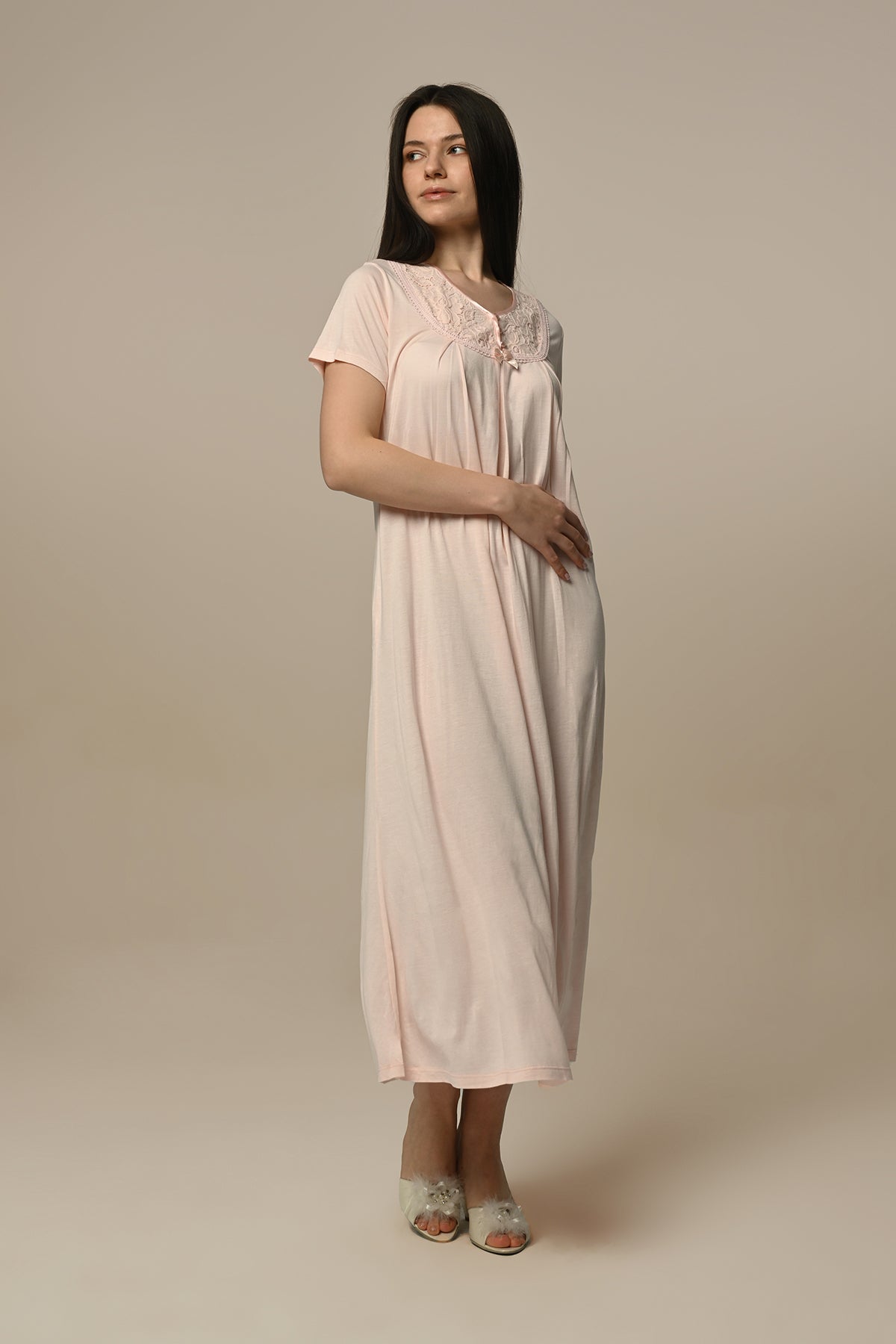 Tulle Lace Sleeve Maternity & Nursing Nightgown With Robe Powder - 23512