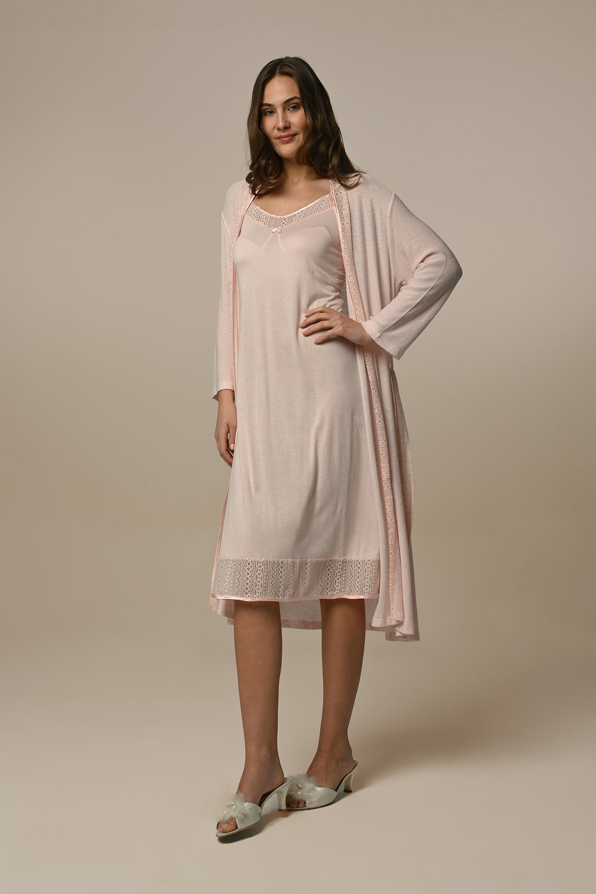 Lace Edge Women's Nightgown With Robe Powder - 23514