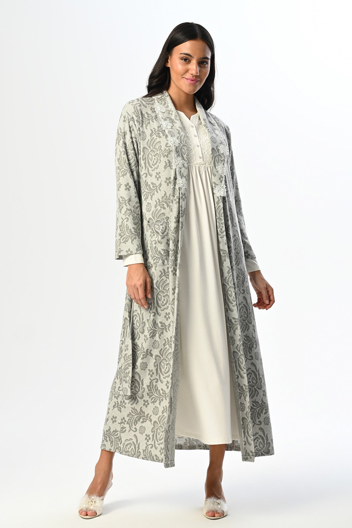 Guipure Collar Maternity & Nursing Nightgown With Jacquard Robe Ecru - 23521