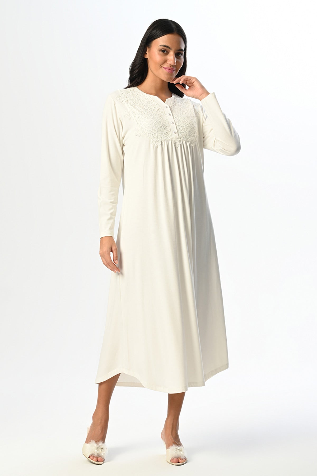 Guipure Collar Maternity & Nursing Nightgown With Jacquard Robe Ecru - 23521