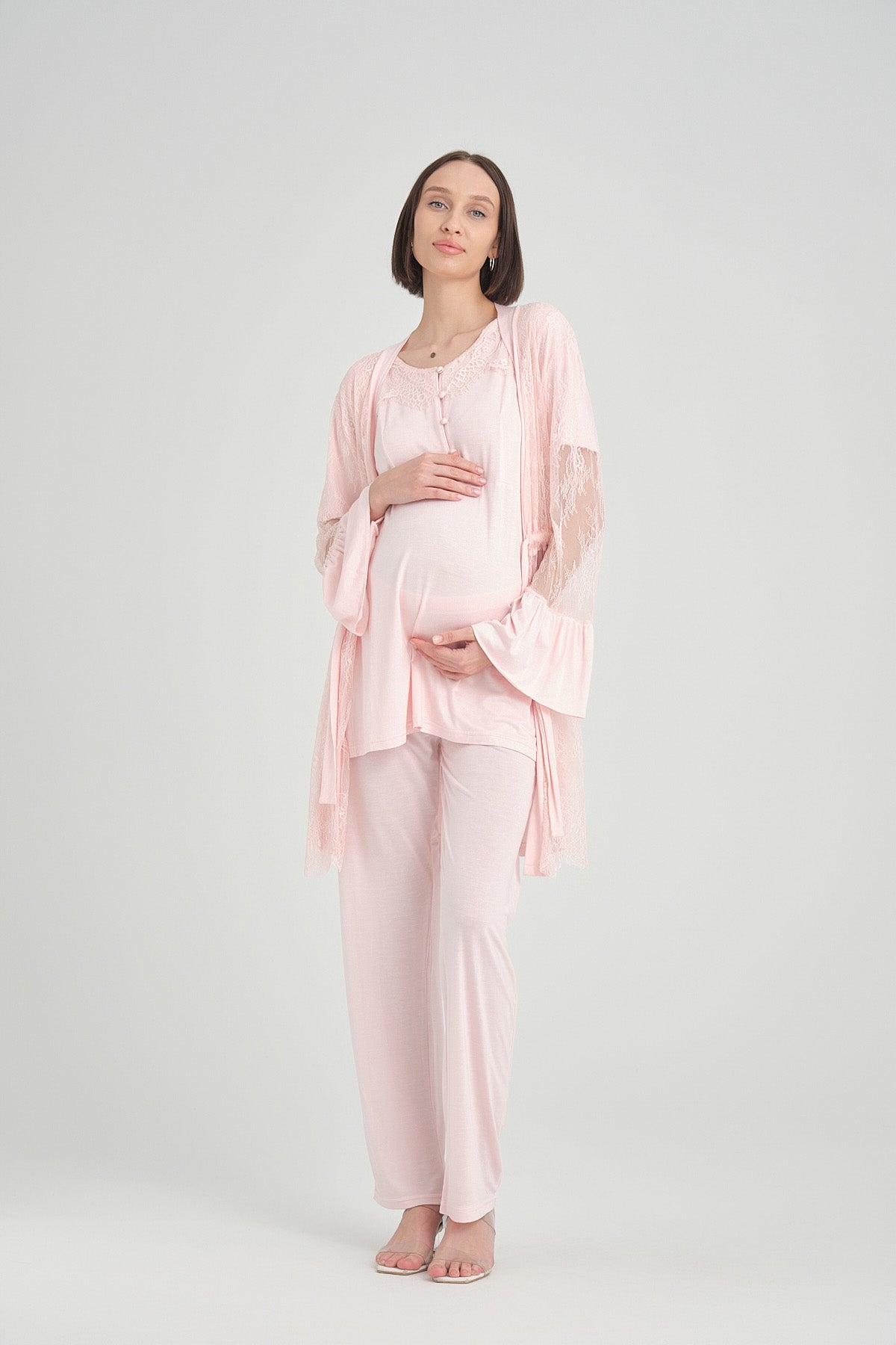 Lace 3-Pieces Maternity & Nursing Pajamas With Embroidered Robe Pink - 2360
