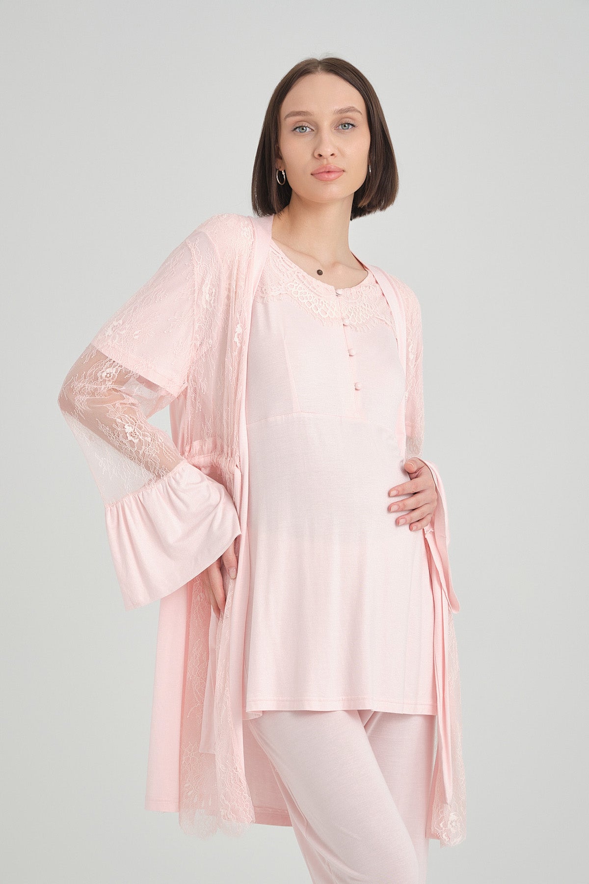 Lace 3-Pieces Maternity & Nursing Pajamas With Embroidered Robe Pink - 2360