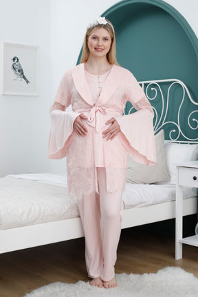 Lace Collar 3-Pieces Maternity & Nursing Pajamas With Flywheel Arm Robe Pink - 2361